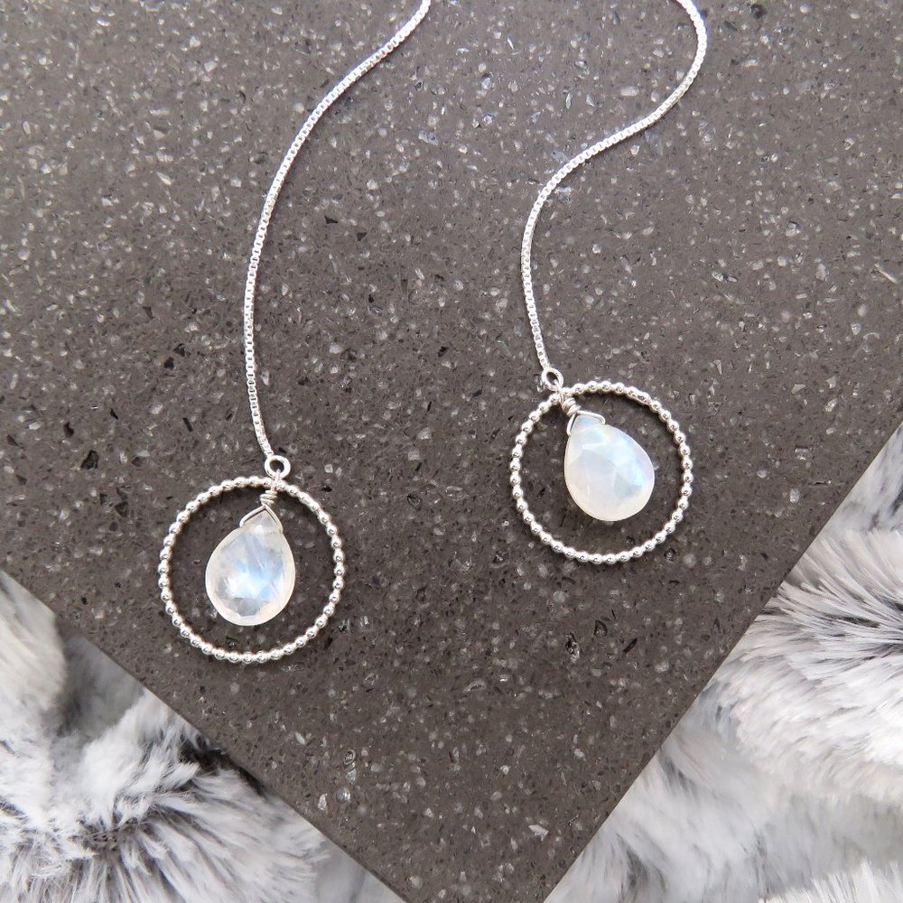 Rainbow Moonstone Threader Earrings in 925 Sterling Silver